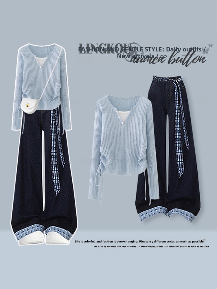 Vintage Fashion Knitwear - Conjunto de duas peças para mulheres,