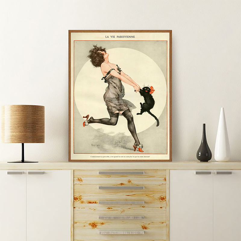 Vintage Fashion Magazine Covers - Mulher e gato preto dança poster