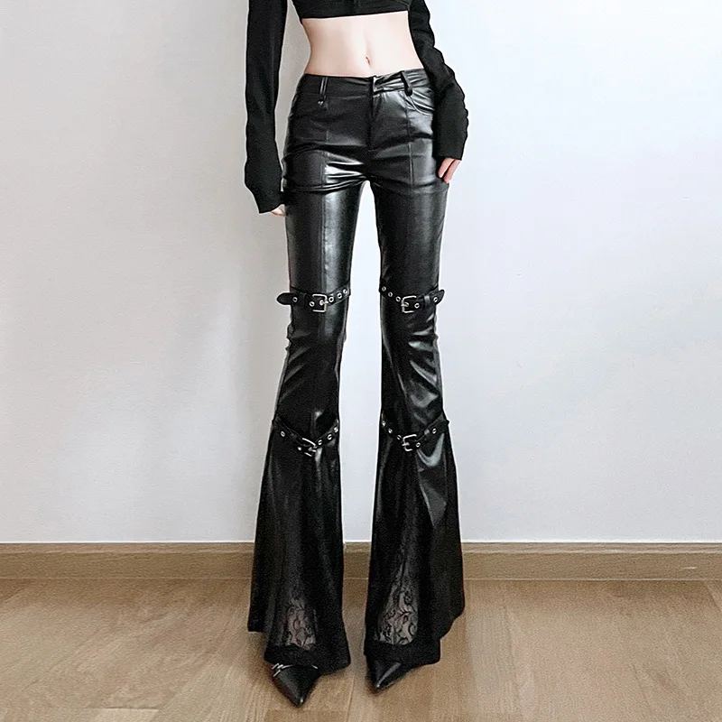 Vintage Fashion Streetwear - Calça feminina de couro PU, fivela