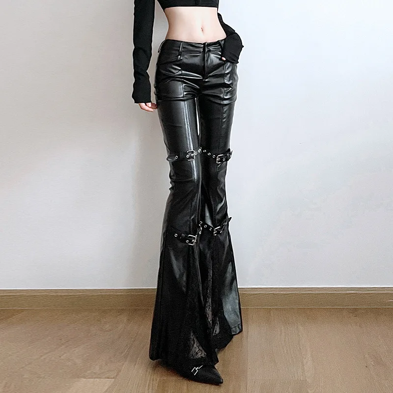 Calça feminina de couro PU, fi - Vintage Fashion Streetwear avaliação e preço